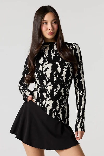 Asymmetrical Ruched Boat Neck Long Sleeve Top