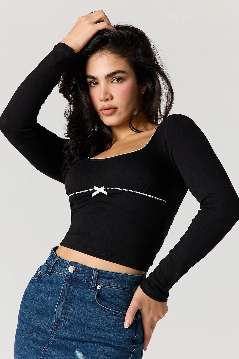 Lace Trim Bow Long Sleeve Top