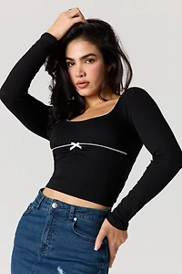 Lace Trim Bow Long Sleeve Top