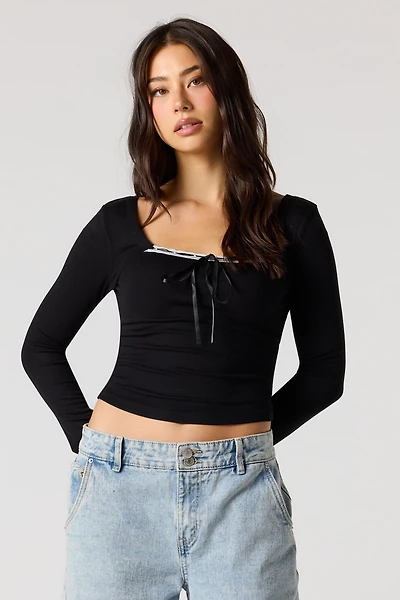 Ribbed Ribbon Bow Long Sleeve Top