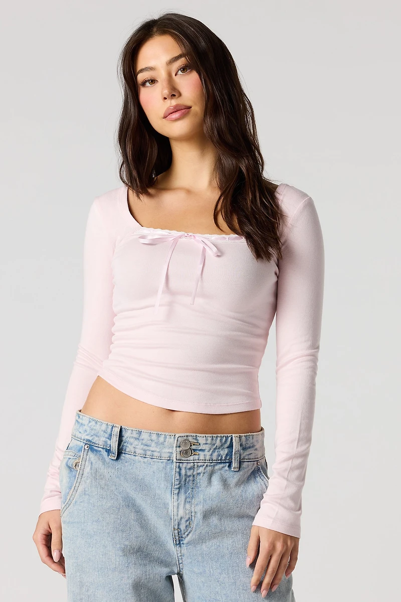 Ribbed Ribbon Bow Long Sleeve Top