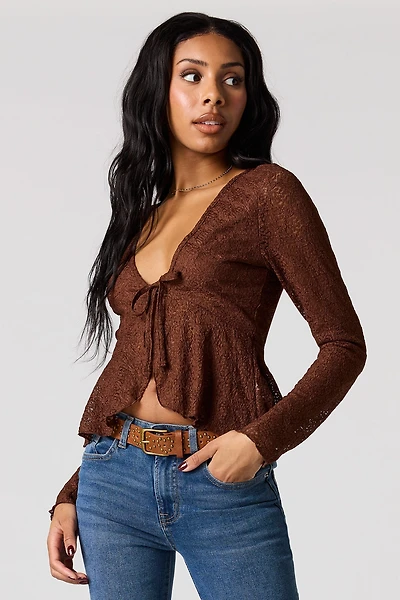 Lace Self-Tie Long Sleeve Flyaway Top