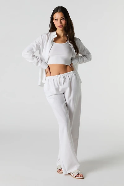Pantalon à jambe large en mélange de lin avec taille coulissante