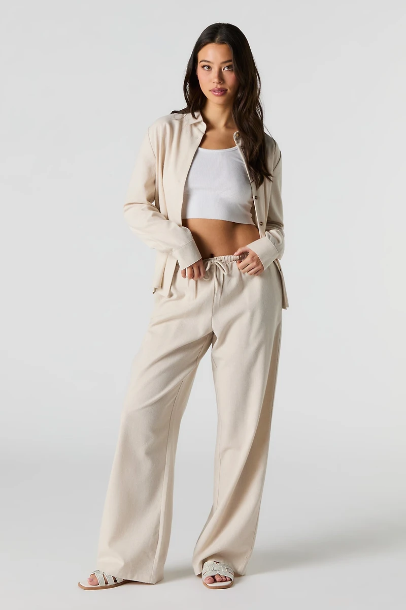 Linen-Blend Drawstring Wide Leg Pant