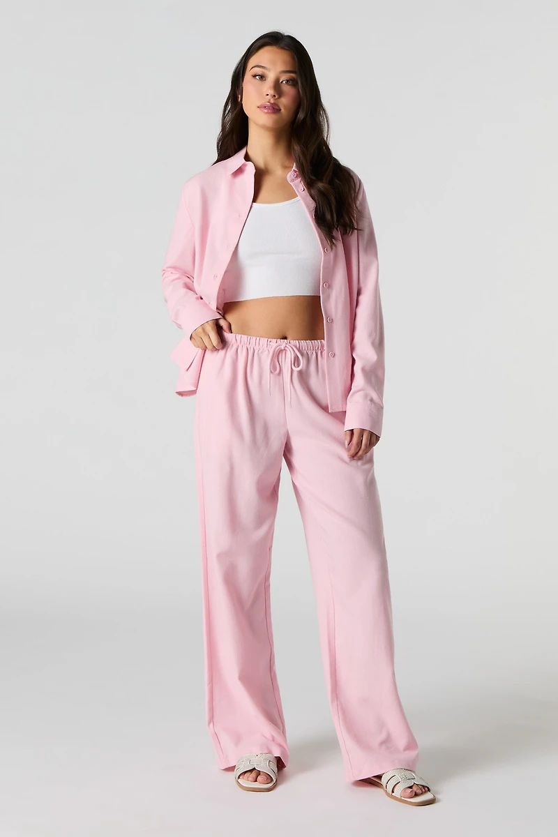 Pantalon à jambe large en mélange de lin avec taille coulissante