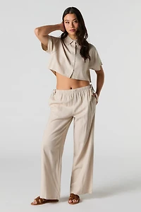 Linen-Blend Drawstring Side Wide Leg Pant