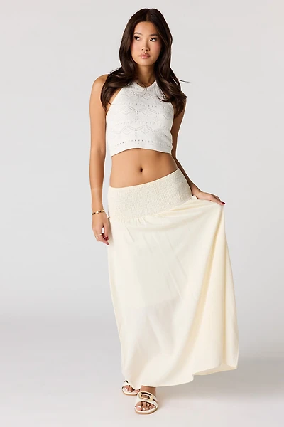 Jupe maxi en mélange de lin à taille plissée