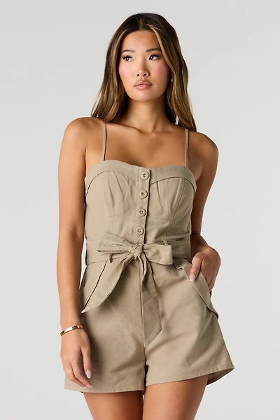 Linen-Blend Belted Romper
