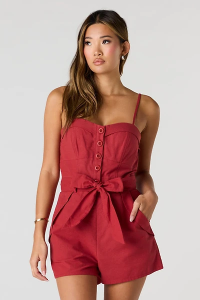 Linen-Blend Belted Romper