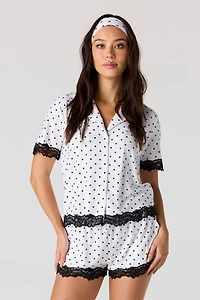Ensemble pyjama avec haut boutonné à ourlet en dentelle, short et bandeau