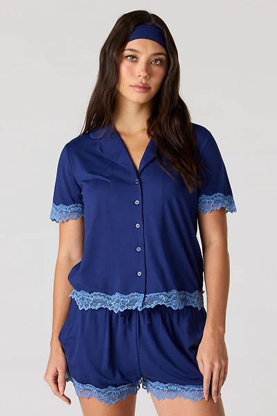 Lace Trim Button-Up Top & Short Headband Pajama Set