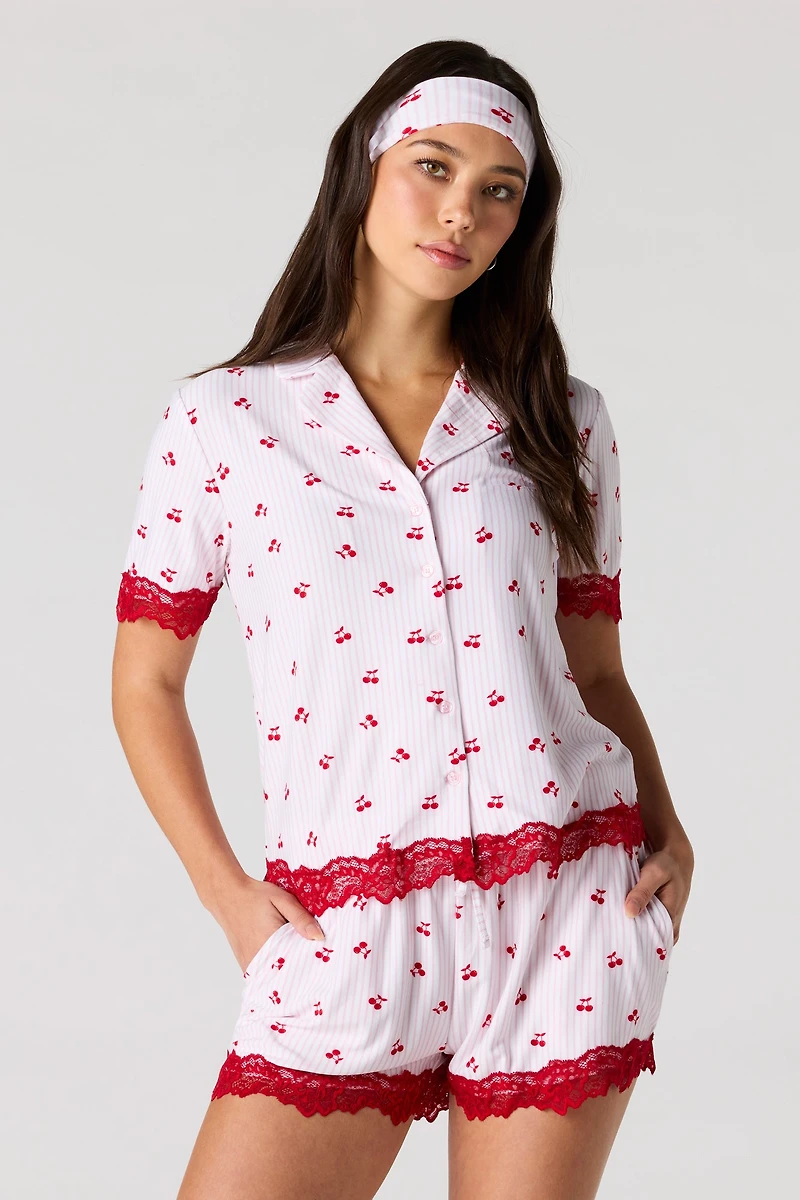 Lace Trim Button-Up Top & Short Headband Pajama Set