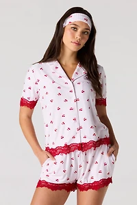 Lace Trim Button-Up Top & Short Headband Pajama Set