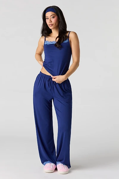 Printed Lace Trim Tank & Pant Headband Pajama Set
