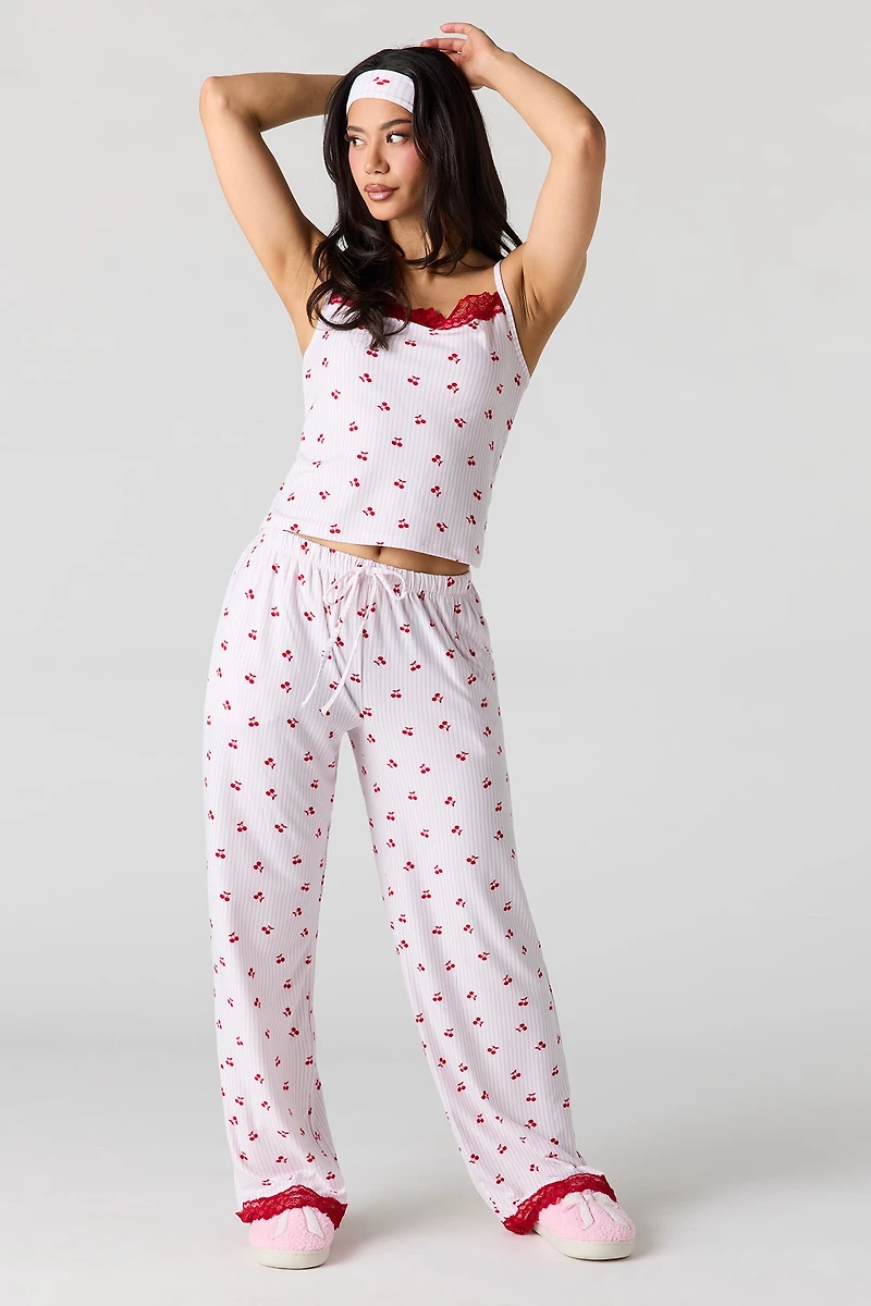 Printed Lace Trim Tank & Pant Headband Pajama Set