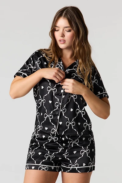 Satin Printed Button-Up Shirt & Short Pajama Set