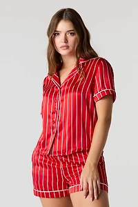 Satin Printed Button-Up Shirt & Short Pajama Set