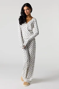 Printed Long Sleeve Ribbed Pajama Set