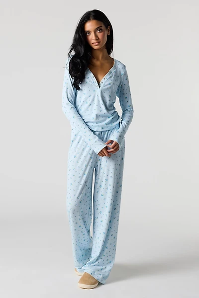 Printed Long Sleeve Ribbed Pajama Set