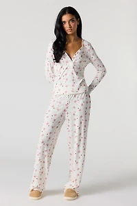 Printed Long Sleeve Ribbed Pajama Set