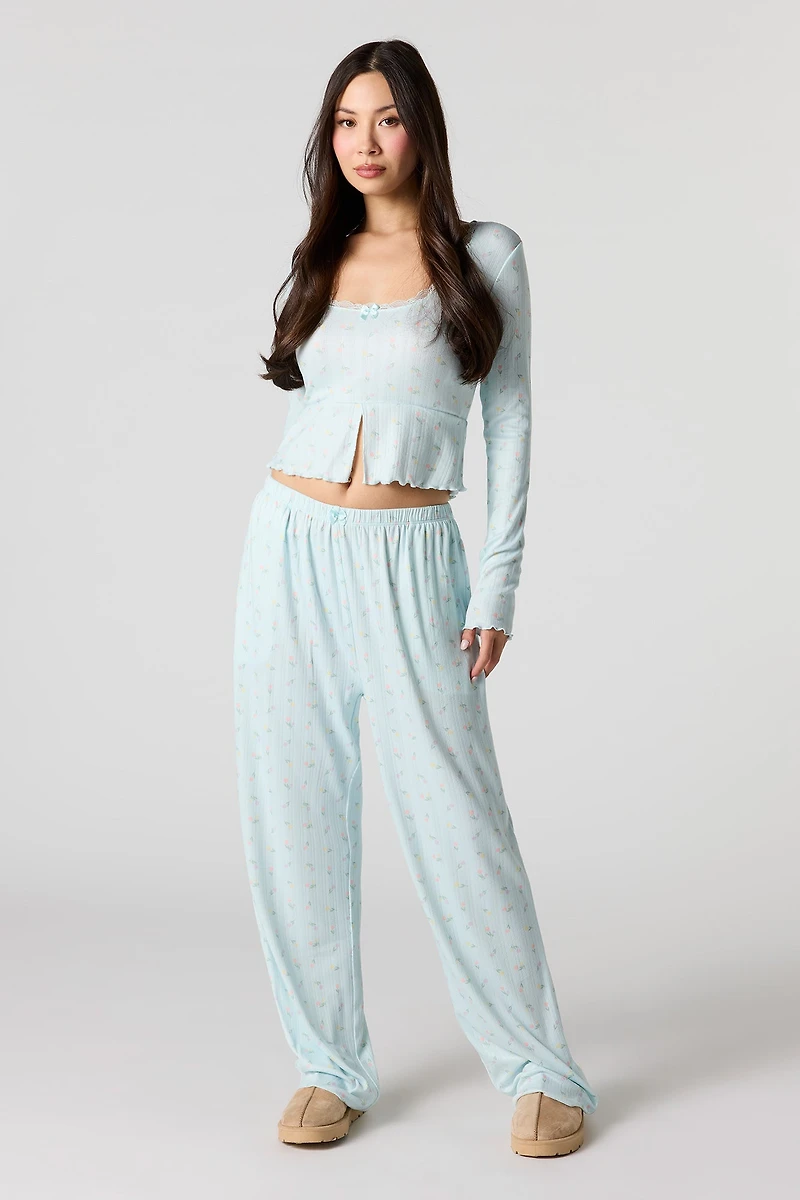 Ribbed Printed Long Sleeve Top & Pant Pajama Set
