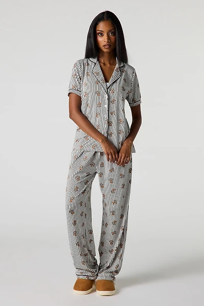 Collared Button-Up Top & Pant Pajama Set