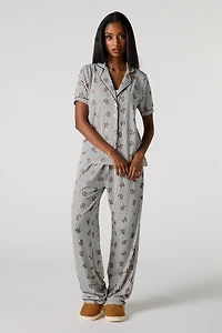 Collared Button-Up Top & Pant Pajama Set