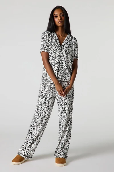 Collared Button-Up Top & Pant Pajama Set