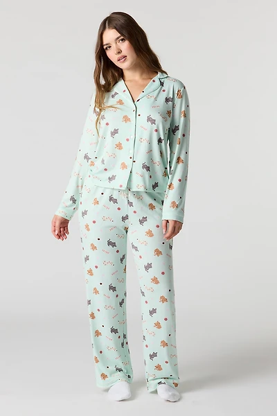 Printed Button-Up Shirt & Pant Pajama Set