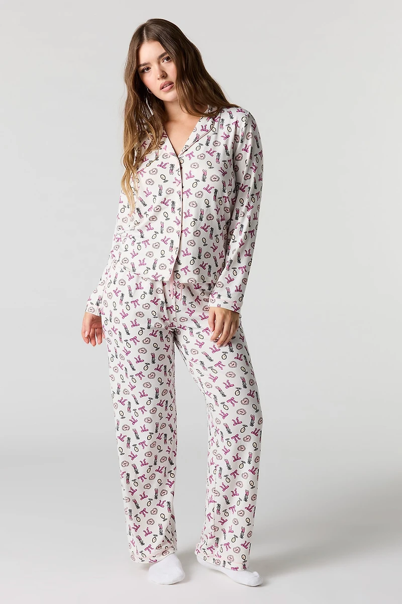 Printed Button-Up Shirt & Pant Pajama Set