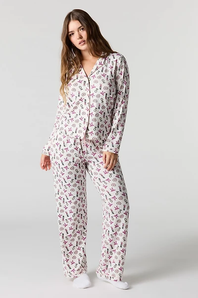Printed Button-Up Shirt & Pant Pajama Set