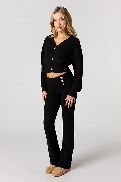 Cozy Knit Foldover Button Waist Flare Pant