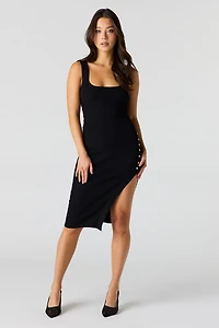 Ribbed Knit Button Side Midi Dress