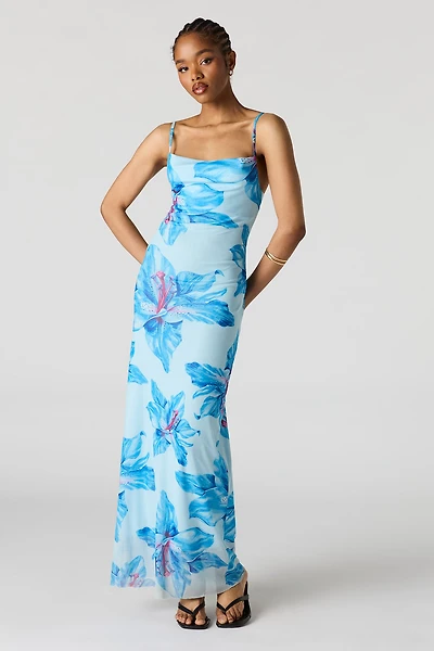 Floral Print Mesh Maxi Dress