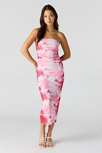 Floral Printed Ruched Mesh Midi Dress