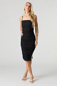Mesh Ruched Slit Midi Dress