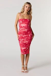 Floral Mesh Ruched Midi Dress