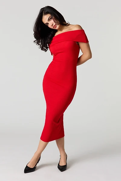 Textured Off Shoulder Midi Dress