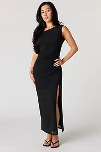 Mesh Ruched Asymmetrical Maxi Dress