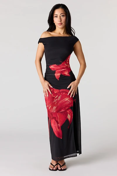 Mesh Ruched Asymmetrical Maxi Dress