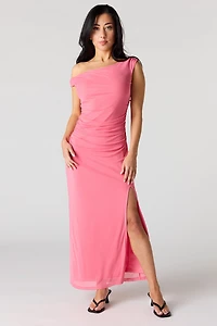 Mesh Ruched Asymmetrical Maxi Dress