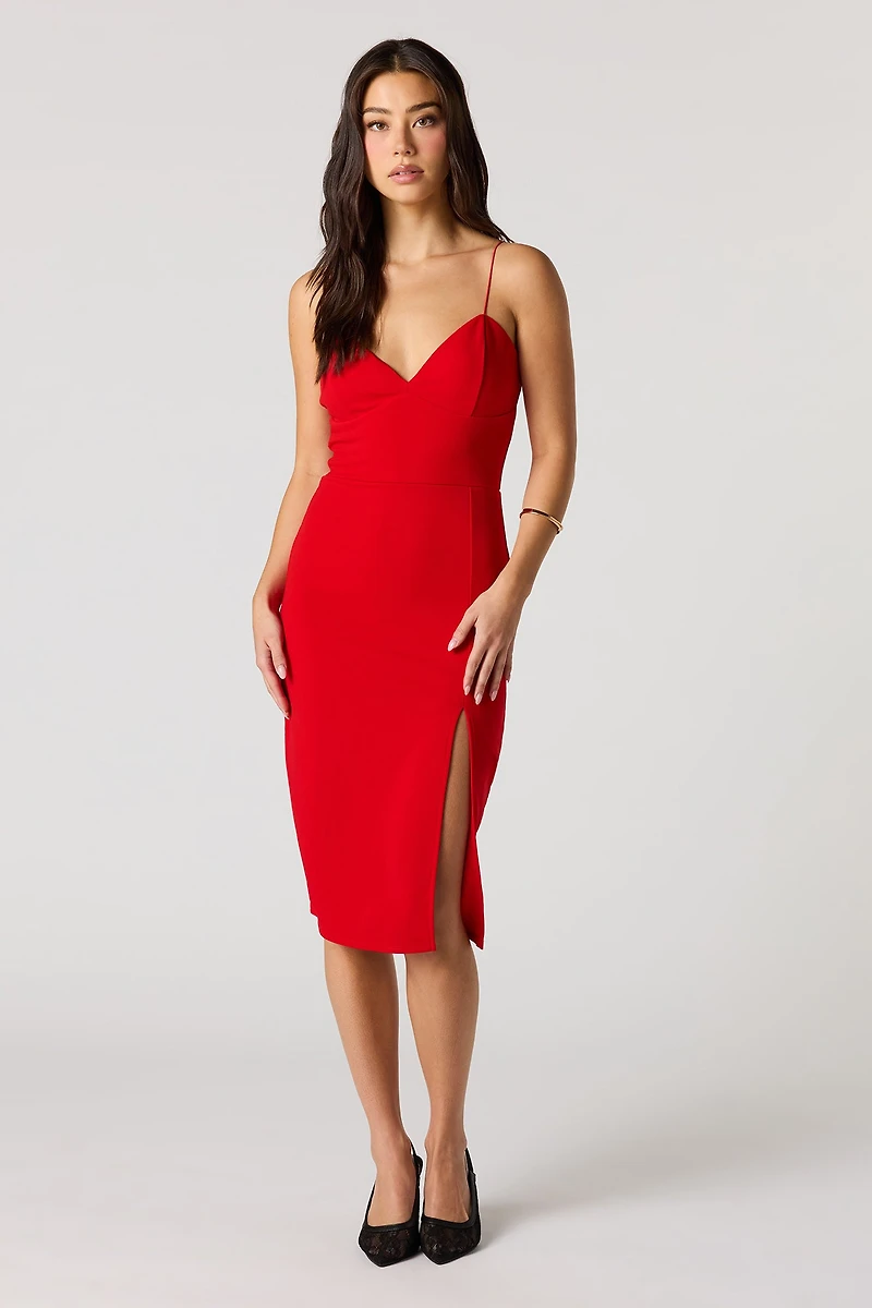 Crepe Fitted Slit Braless Midi Dress