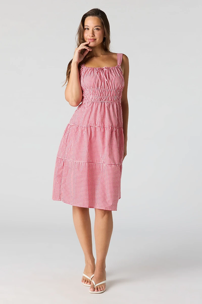 Poplin Ruched Tiered Midi Dress