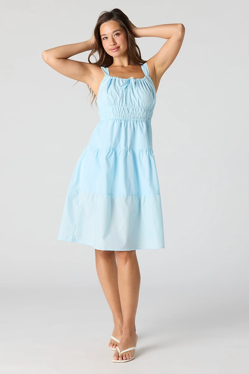 Poplin Ruched Tiered Midi Dress