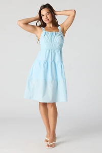 Poplin Ruched Tiered Midi Dress