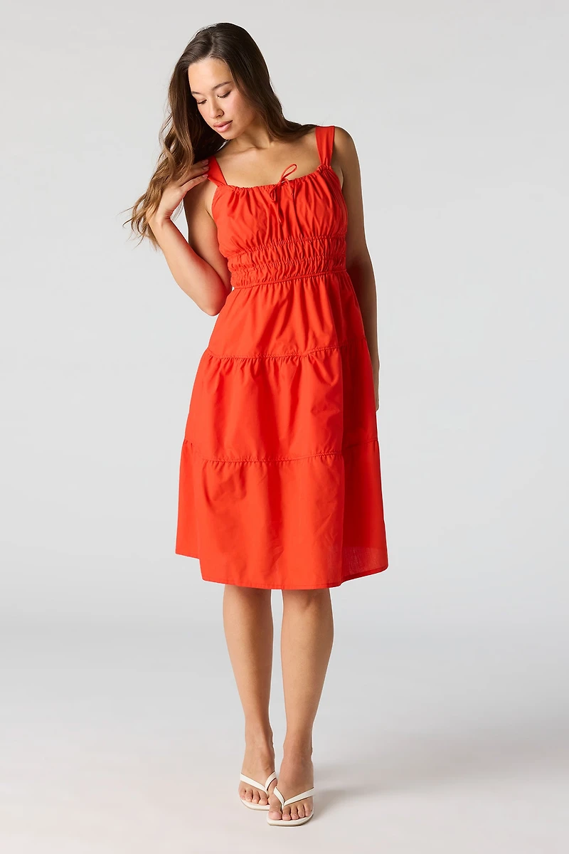 Poplin Ruched Tiered Midi Dress