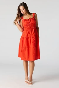 Poplin Ruched Tiered Midi Dress