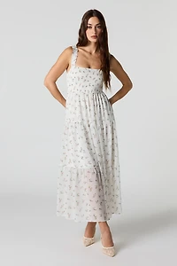 Robe maxi volantée fleurie en chiffon