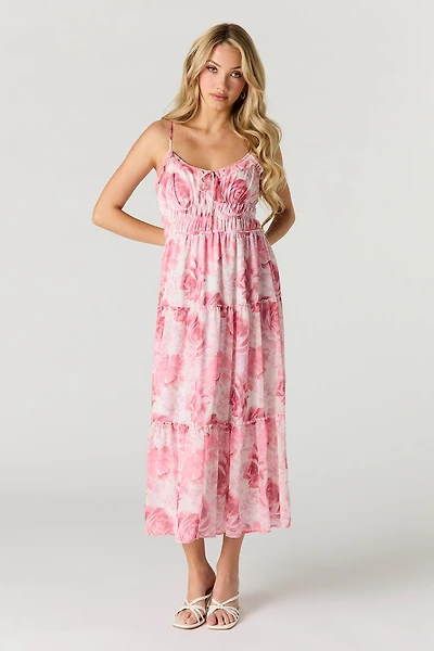 Floral Chiffon Tiered Midi Dress