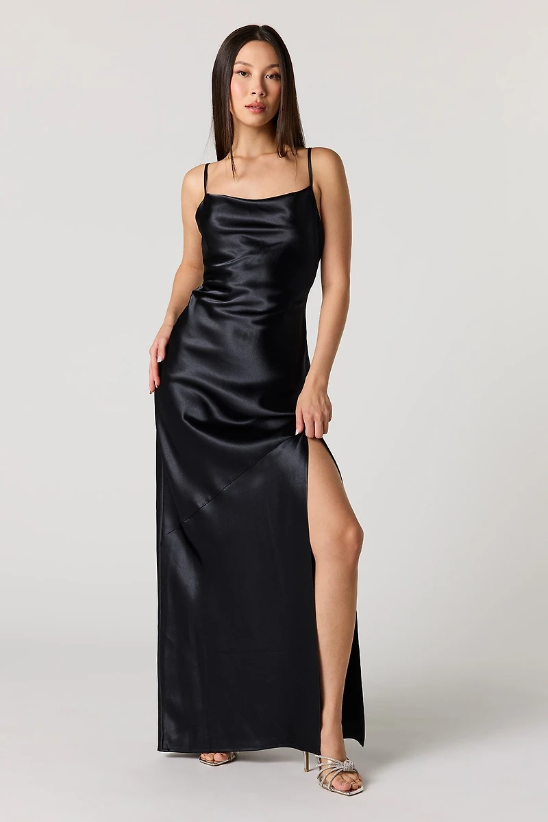 Satin Cowl Neck Maxi Dress